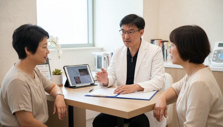 醫師與病患討論醫學美容名醫挑選重點 展現自然風格的醫學美容名醫諮詢過程 萊攸診所醫學美容名醫親自問診畫面 如何從作品集判斷醫學美容名醫審美