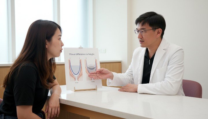 專業醫師在診間評估快速消除眼袋 透過玻尿酸填補達到快速消除眼袋 示範填補淚溝陰影來快速消除眼袋 諮詢室中講解如何快速消除眼袋原理