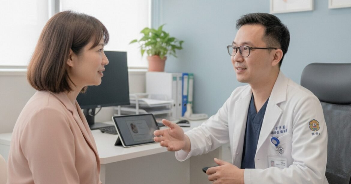吳芮醫師細心評估肌膚狀況，為病患解釋PLT凍晶的原理與優勢。